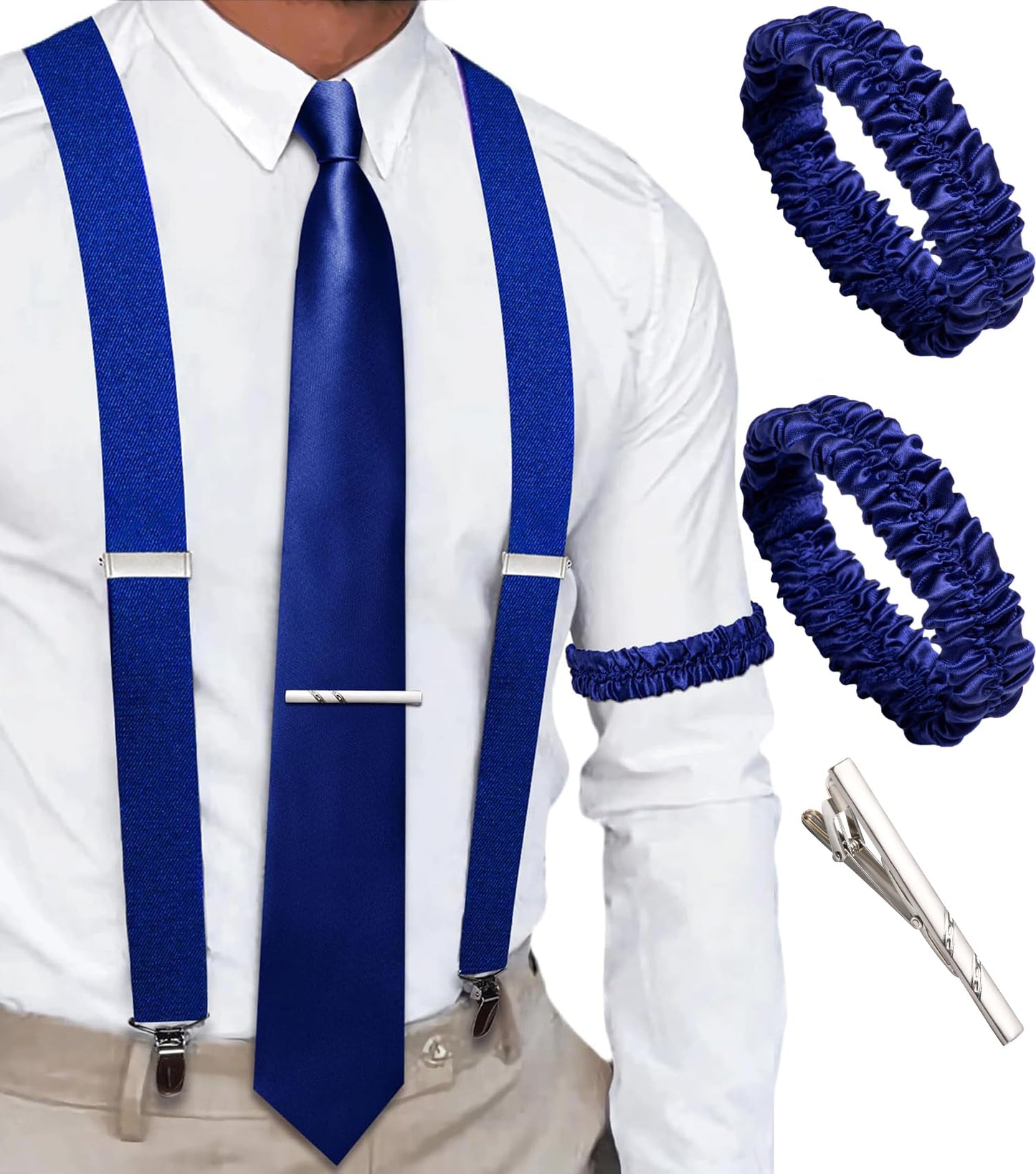 Dluxe Ave. 4PCS Suspender for Man X-Back Elastic Armbands 1.4 inch 4 Points Heavy Duty Clips Tie Sets