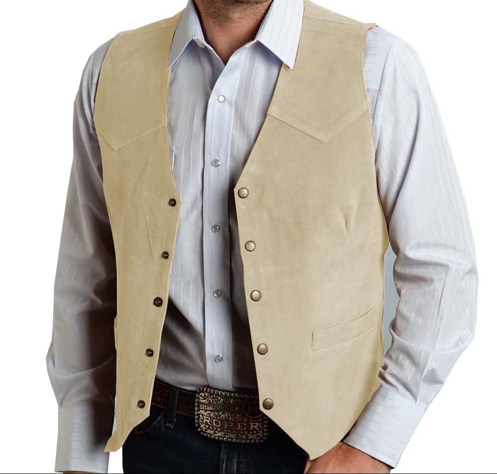 Dluxe Ave. (X-LARGE) Mens Cowboy Suede Leather Vest/ Cowhide Suede Waistcoat/ Champagne