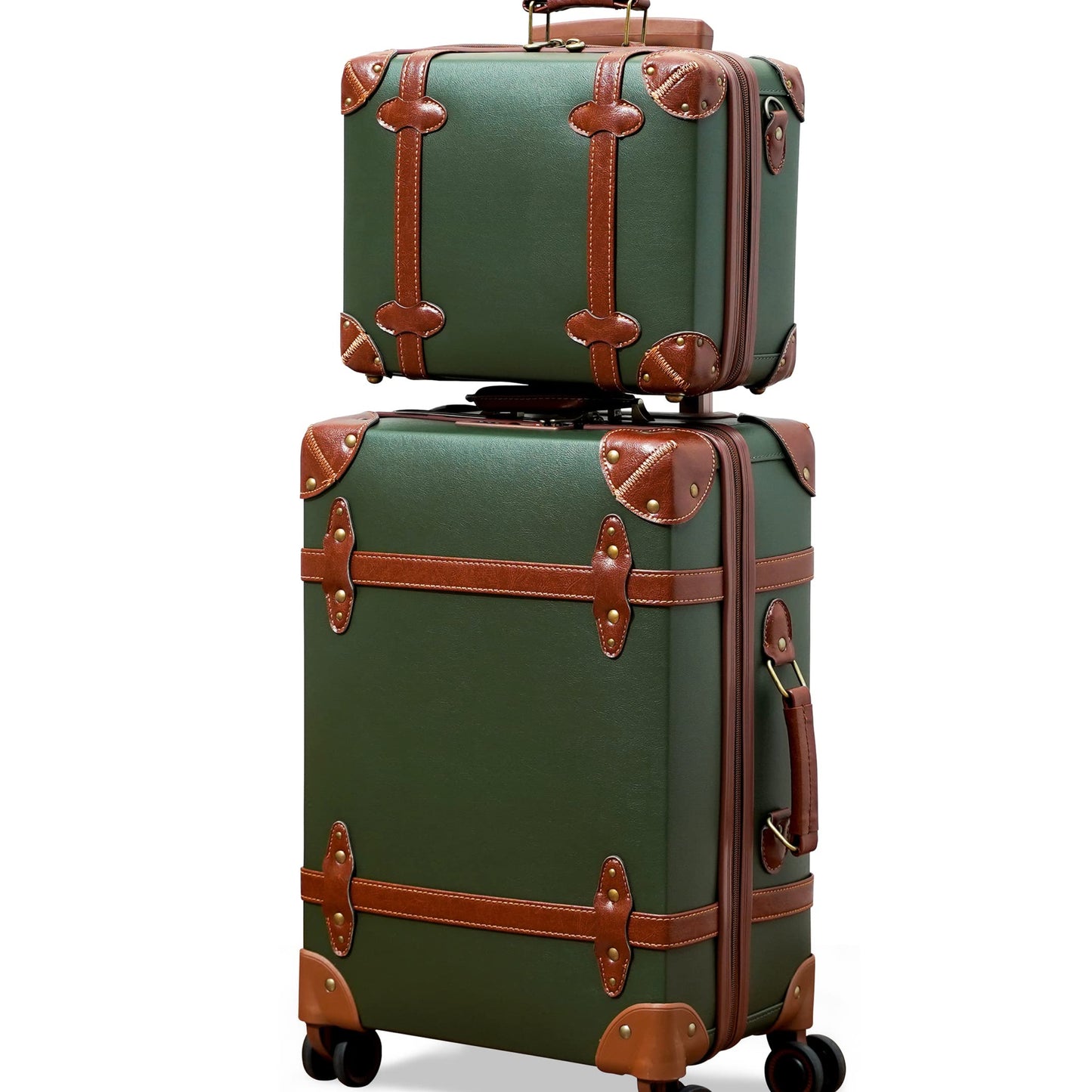 Dluxe Ave. Vintage Luggage Sets of 2 with Boarding Tote/ Handmade Faux Leather/ TSA Approved (Green) 14inch & 28inch