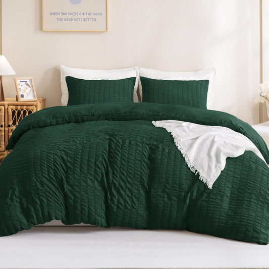 Dluxe Ave. ( KING ) 3 Pcs Comforter Set, Boho Vintage Seersucker Forest Bedding, for All Season Dark Emerald Green