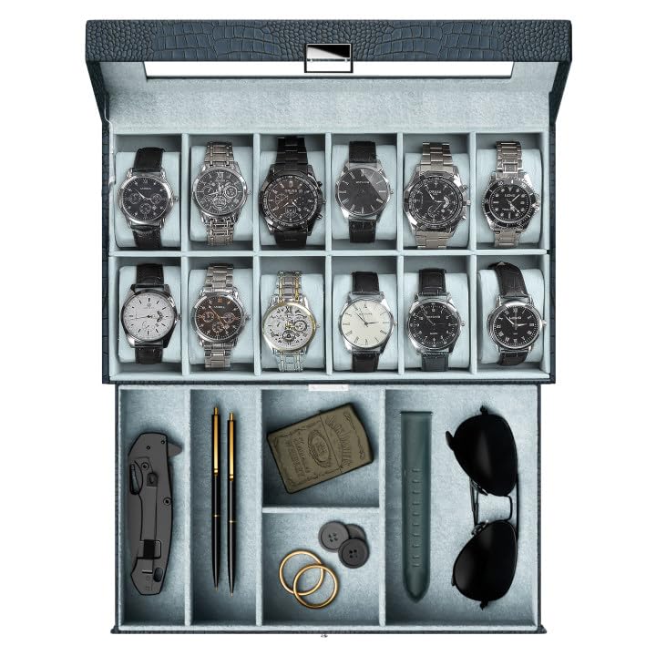 Dluxe Ave. 12 Slot Mens Watch Case With Drawer/ Green
