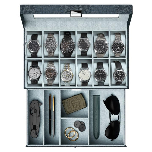 Dluxe Ave. 12 Slot Mens Watch Case With Drawer/ Green
