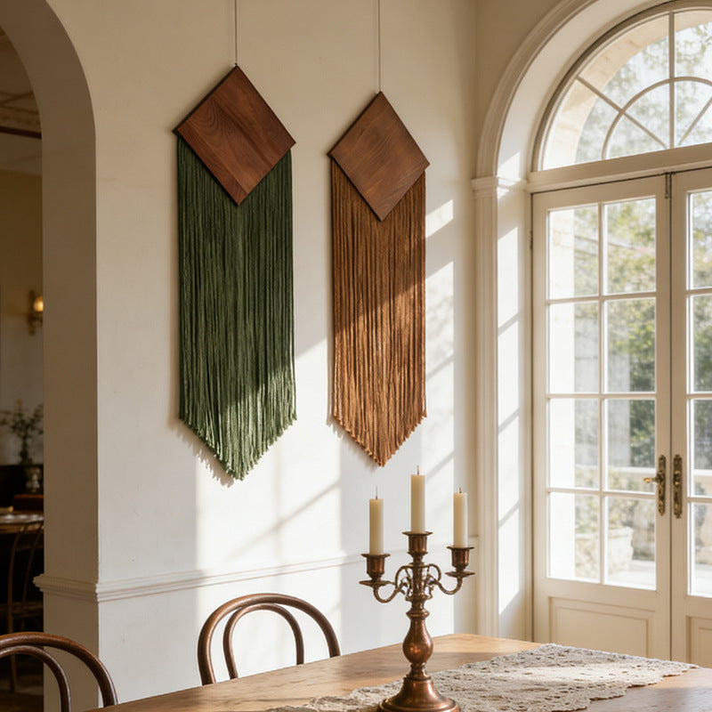 Cotton Rope Woven Tassel Tapestry with Diamond Wood Board