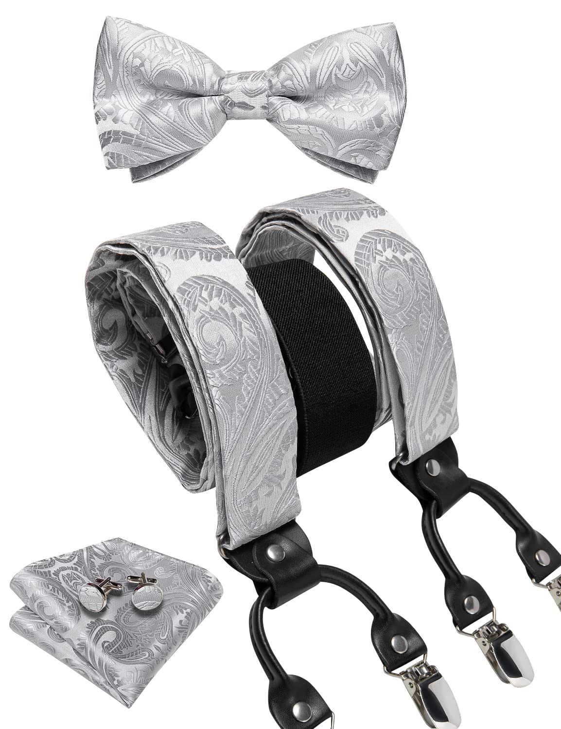Dluxe Ave. Silver Grey Bow Tie and Suspenders for Men 6 Clips Adjustable Y Braces Paisley Pocket Square Cufflinks