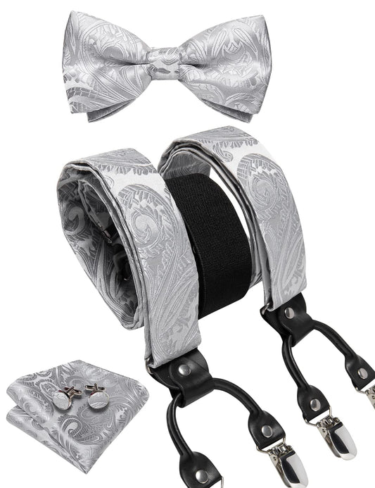 Dluxe Ave. Silver Grey Bow Tie and Suspenders for Men 6 Clips Adjustable Y Braces Paisley Pocket Square Cufflinks