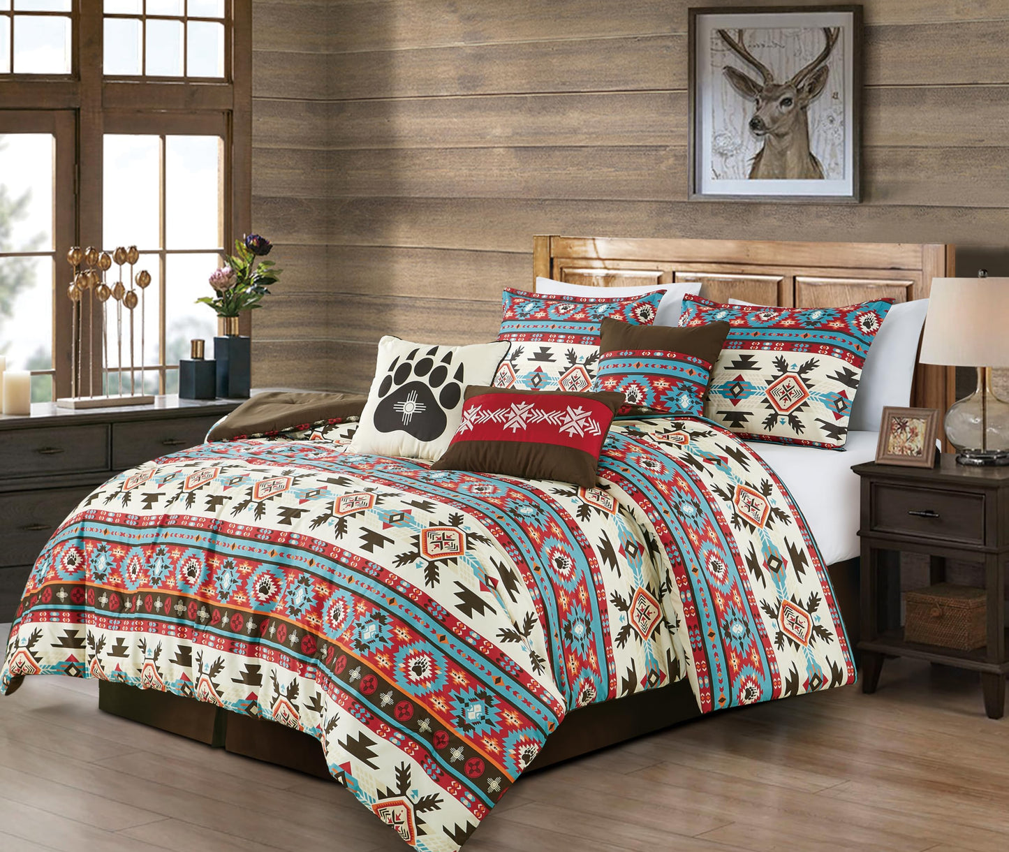 Dluxe Ave. (QUEEN) 7-Piece Motif Comforter Set/ Multicolor Red Brown Blue Cream