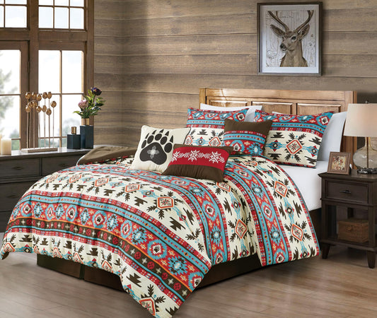 Dluxe Ave. (QUEEN) 7-Piece Motif Comforter Set - Multicolor Red Brown Blue Cream