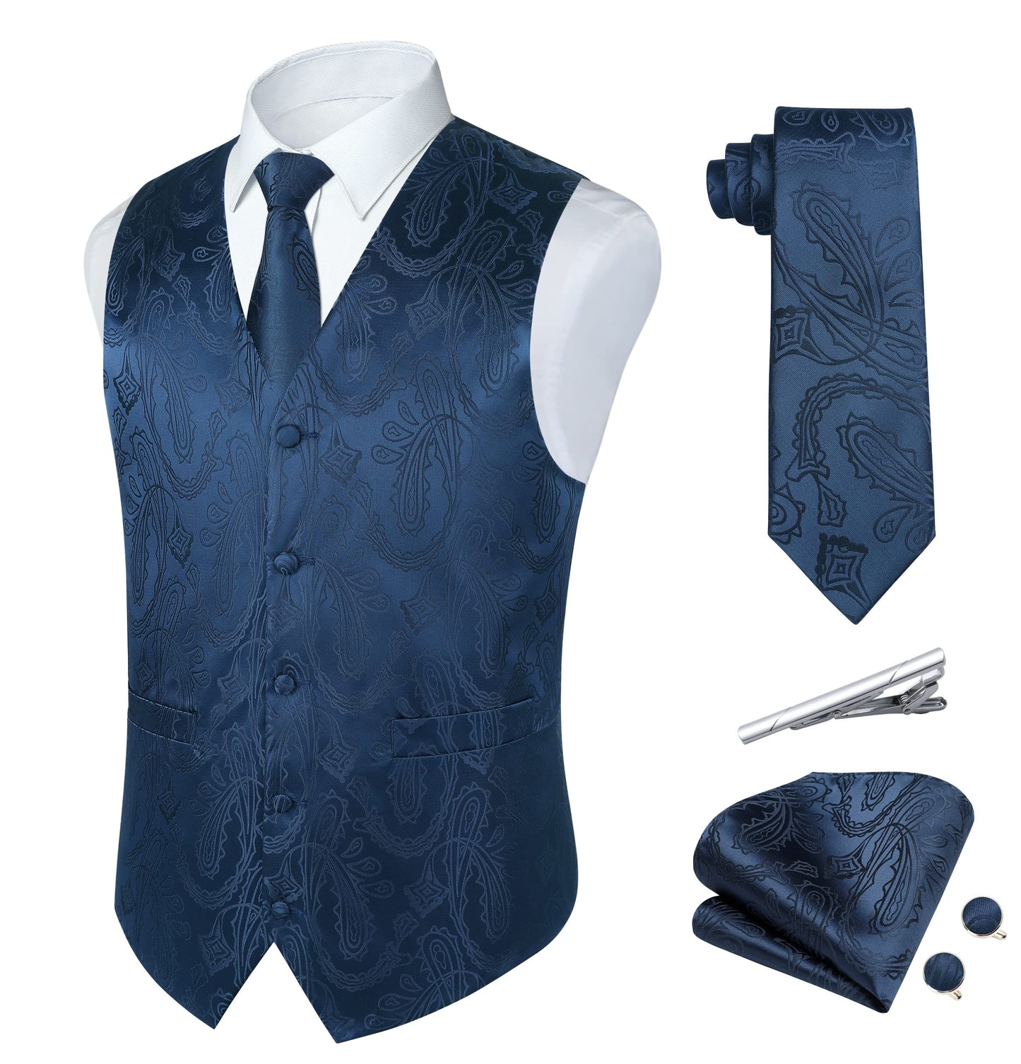 Dluxe Ave. (SMALL) Mens Paisley Suit Vest and Tie Set 5PCS/ Waistcoat Silk/ Navy Blue