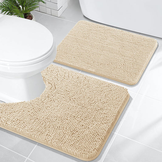 Dluxe Ave. Ultra Soft Non Slip Absorbent Chenille Toilet Bath Mat Set, 2 Pieces (Beige)
