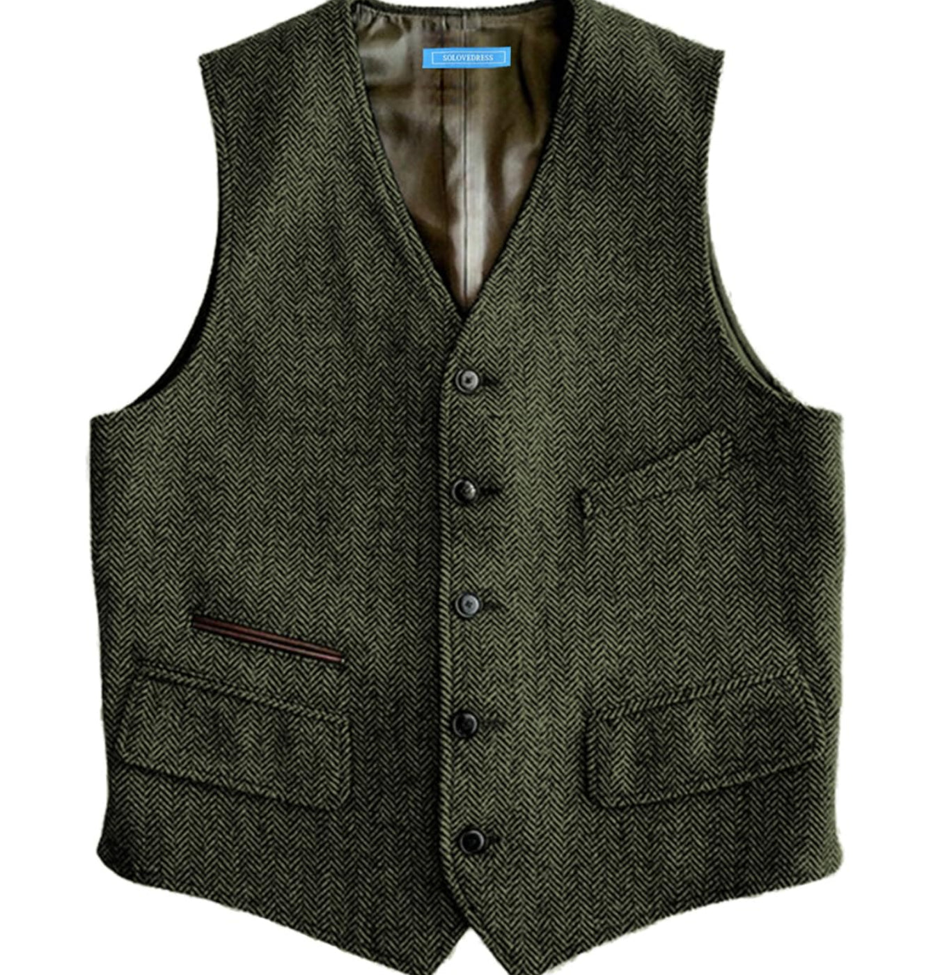 Dluxe Ave. (SMALL) Mens Vintage Classic Herringbone Pattern Suit Vest/ V Neck Casual Wool Blend Waistcoat /Army Green