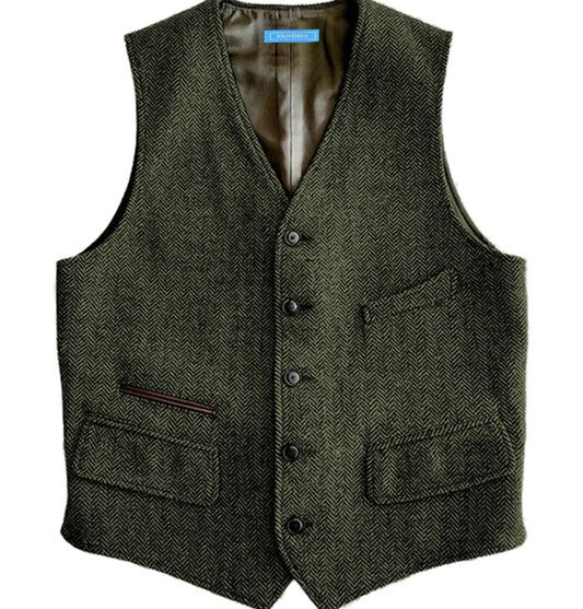 Dluxe Ave. (SMALL) Mens Vintage Classic Herringbone Pattern Suit Vest/ V Neck Casual Wool Blend Waistcoat /Army Green