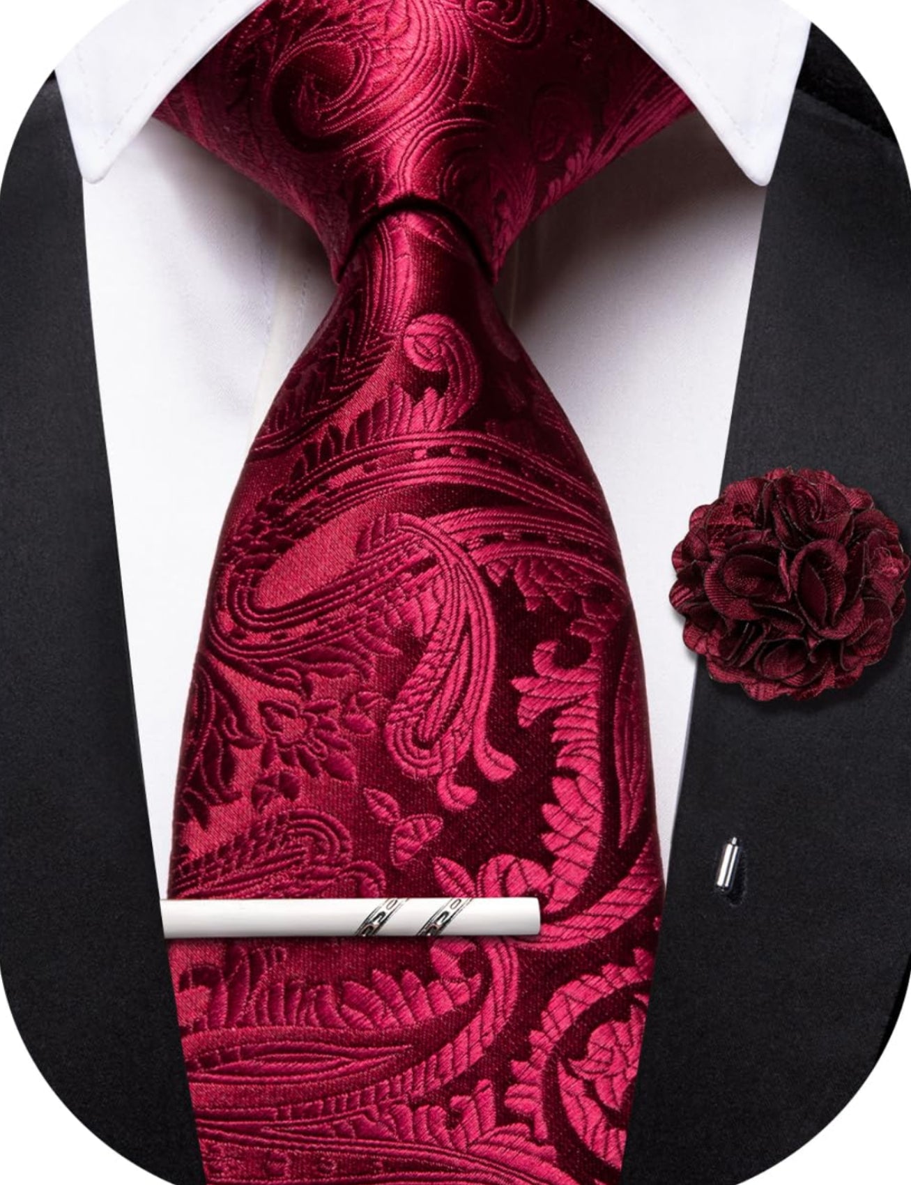 Dluxe Ave. 63inches Red Tie for Men Silk Woven Extra Long Paisley Necktie Brooch Tie Clip Set