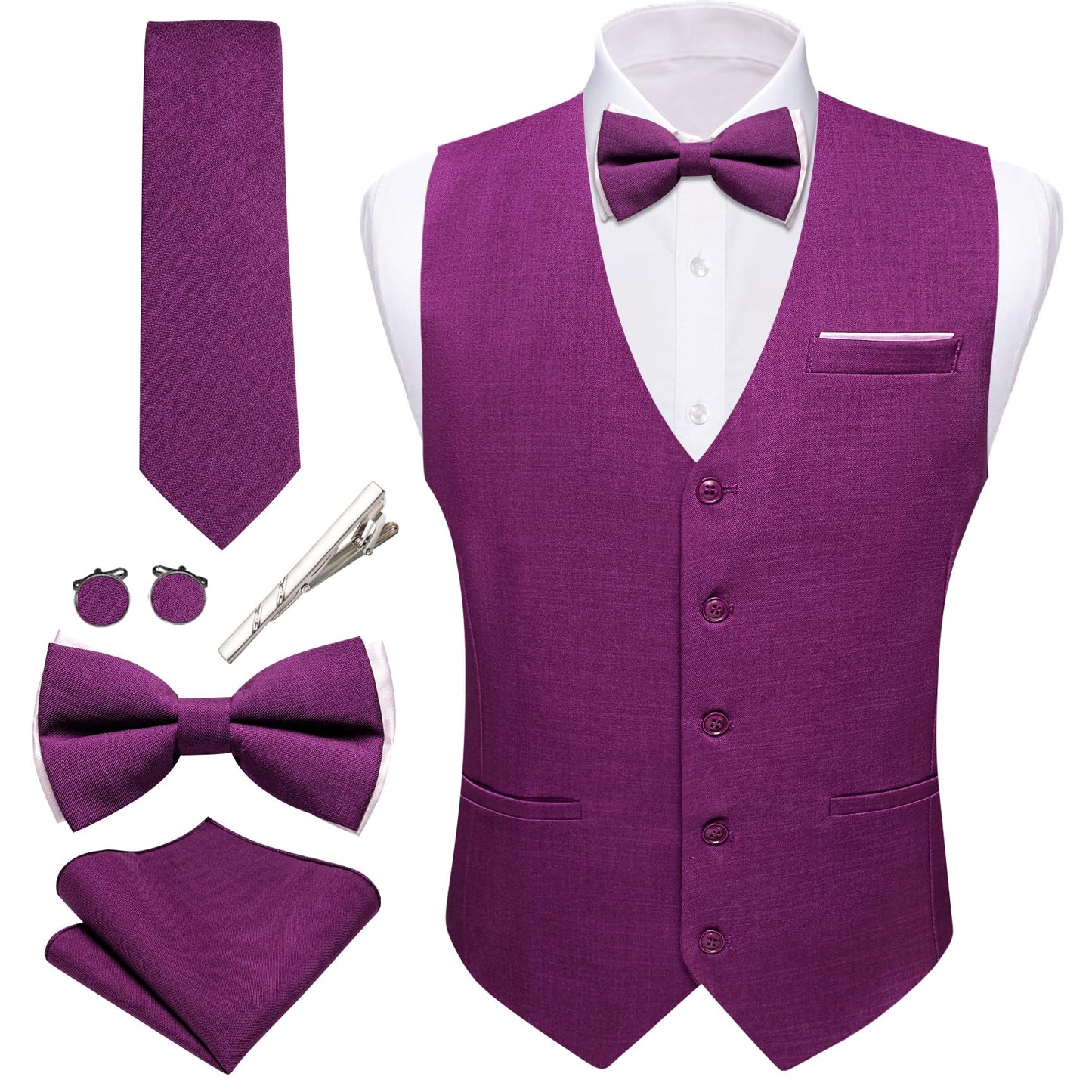Dluxe Ave. (LARGE) Mens Suit Vest Linen/ Waistcoat Tie Bow Set/ Purple