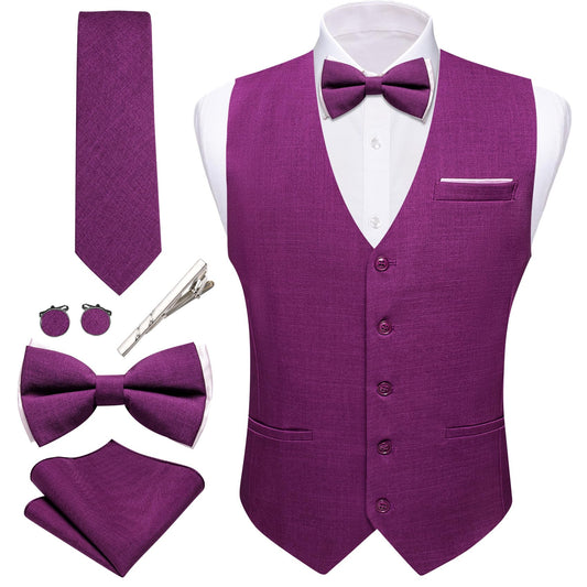 Dluxe Ave. (LARGE) Mens Suit Vest Linen/ Waistcoat Tie Bow Set/ Purple