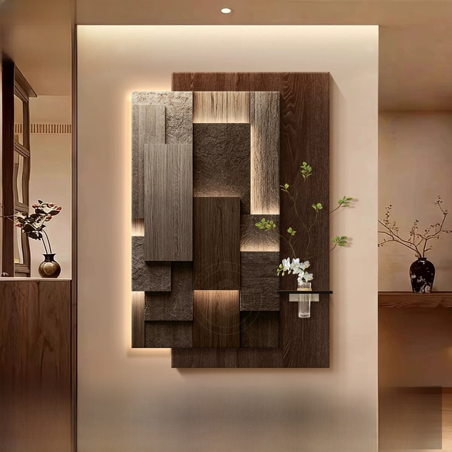 Abstract 3D Wall Art with Hydroponic Plants