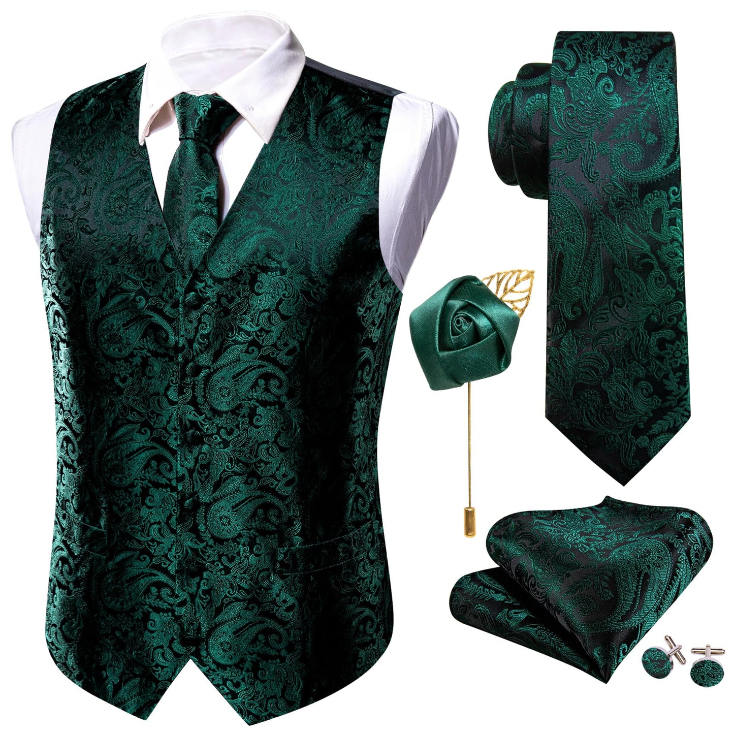 Dluxe Ave. (3X-LARGE) V-Neck Suit Vest/ Waistcoat Silk Tie Hanky Cufflink Clip Set/ Black Green