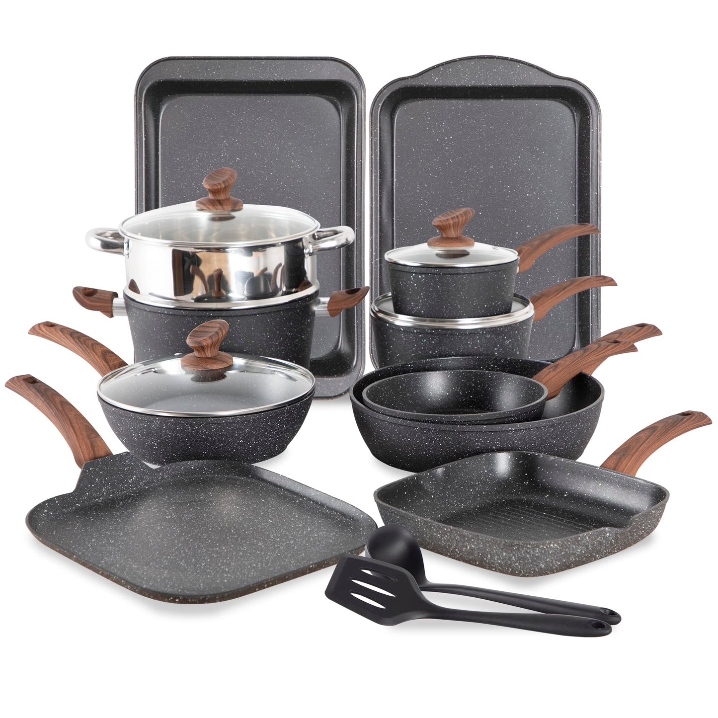 MAISON ARTS 17 Piece Pots and Pans Set Non Stick Kitchen Cookware Sets with Nonstick Granite Stone Coating Suitable for Induction Cooktops Black