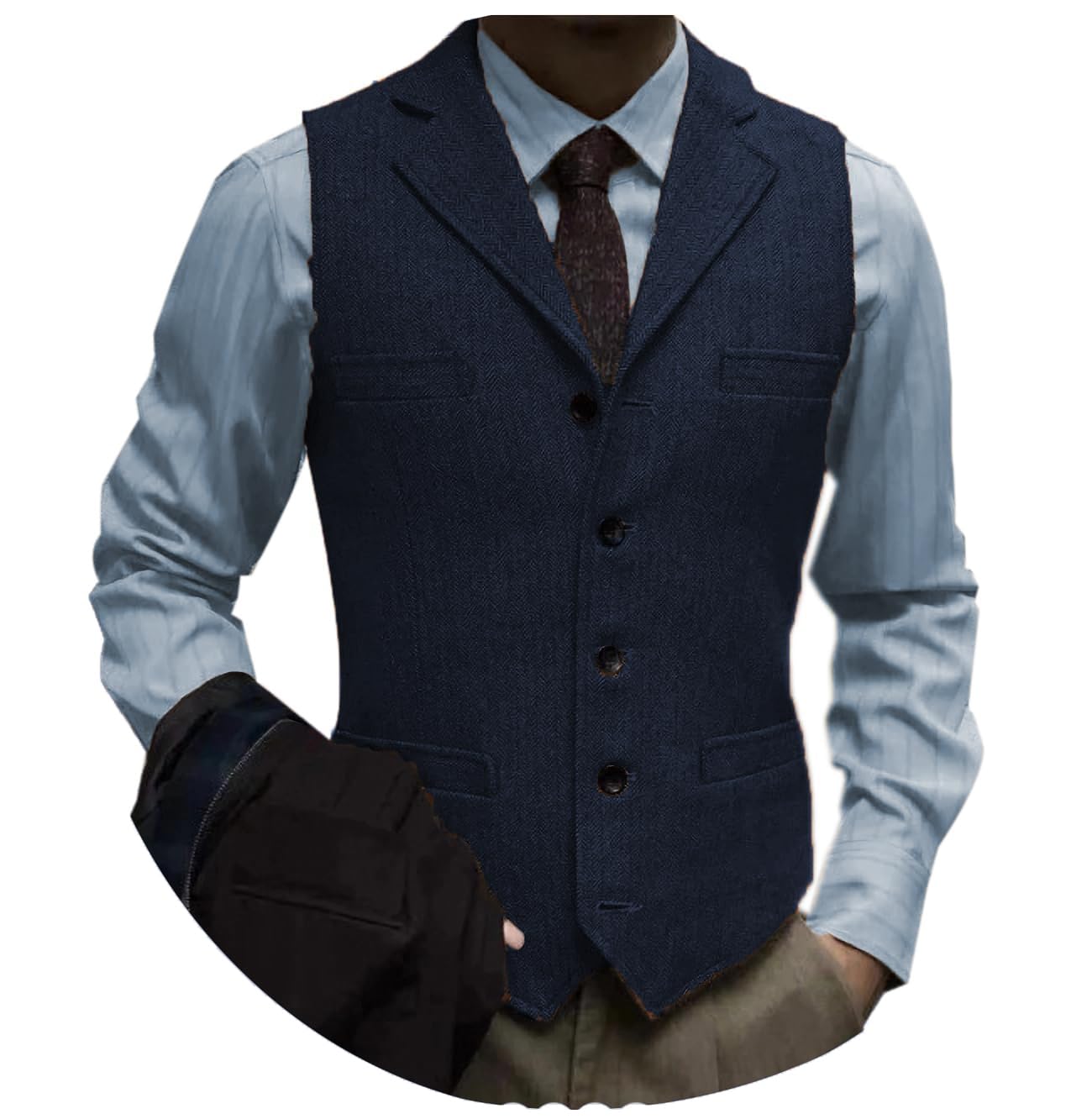 Dluxe Ave. (LARGE)  Mens Tweed Suit Vintage Vest/ Herringbone Wool/ Waistcoat/ Navy