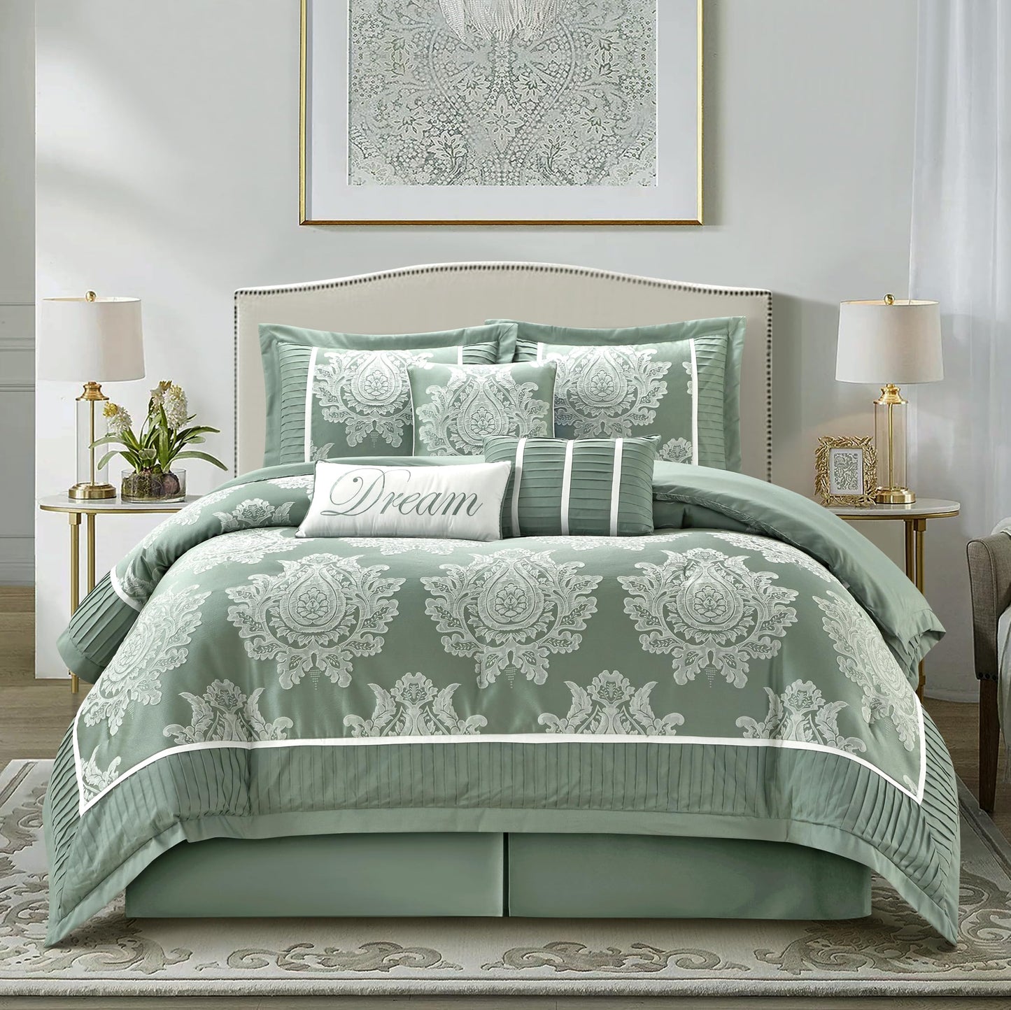 Dluxe Ave. ( QUEEN ) 7PC Comforter Set/ Jacquard with Matching Solid Piecework Bedding Set/ Sage