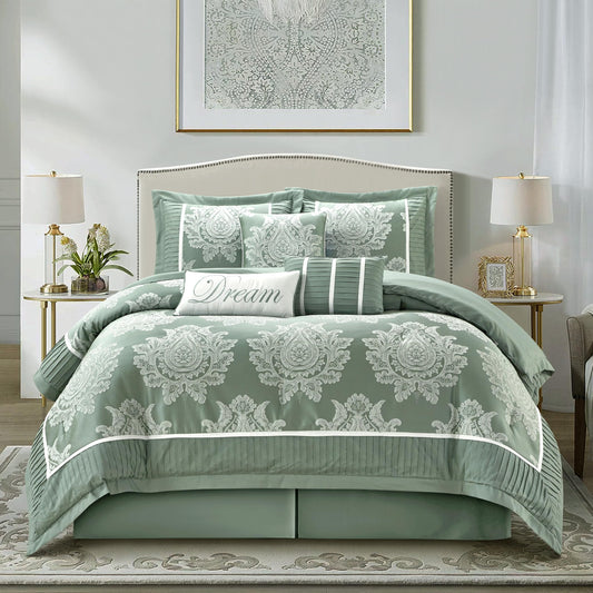 Dluxe Ave. ( QUEEN ) 7PC Comforter Set, Jacquard with Matching Solid Piecework Bedding Set, Sage