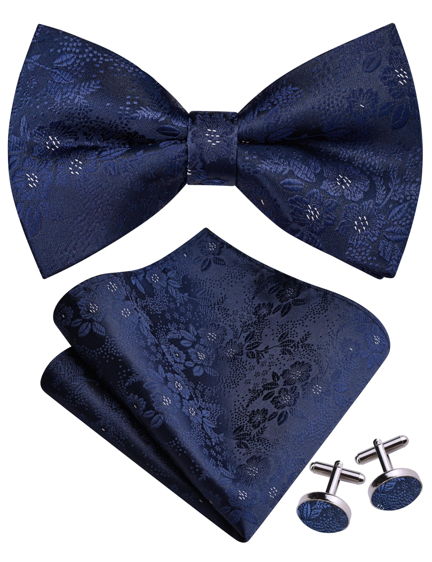 Dluxe Ave. Navy Blue Bow Tie and Pocket Square Set for Men Floral Pre-Tied Bowties Cufflinks