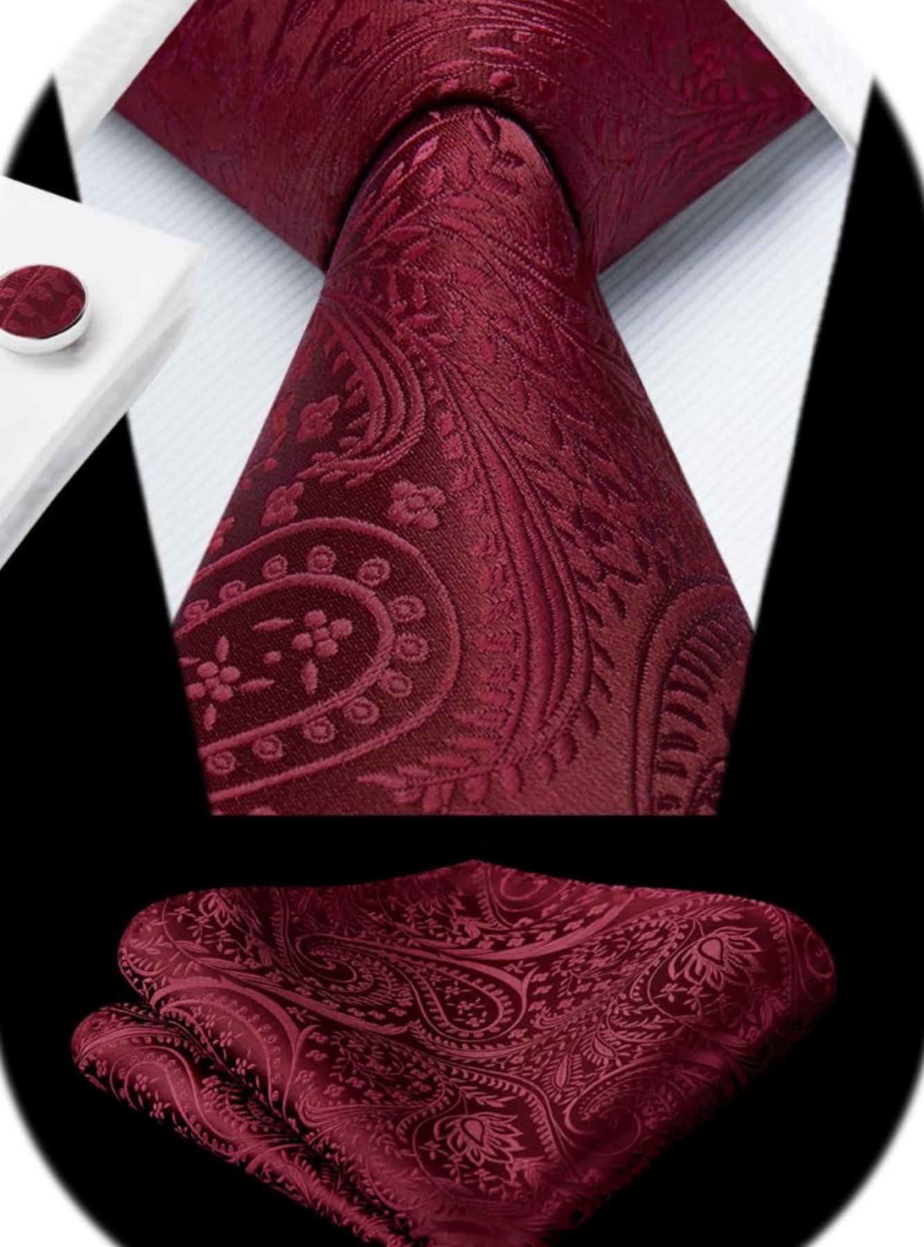 Dluxe Ave. Burgundy Tie Paisley Mens Ties and Pocket Square Cufflinks Set