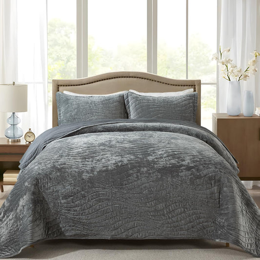 Dluxe Ave. ( CALI./ KING ) 3 Pcs Luxury Velvet Quilt Set/ Lightweight Bedspread for All Season/ Grey
