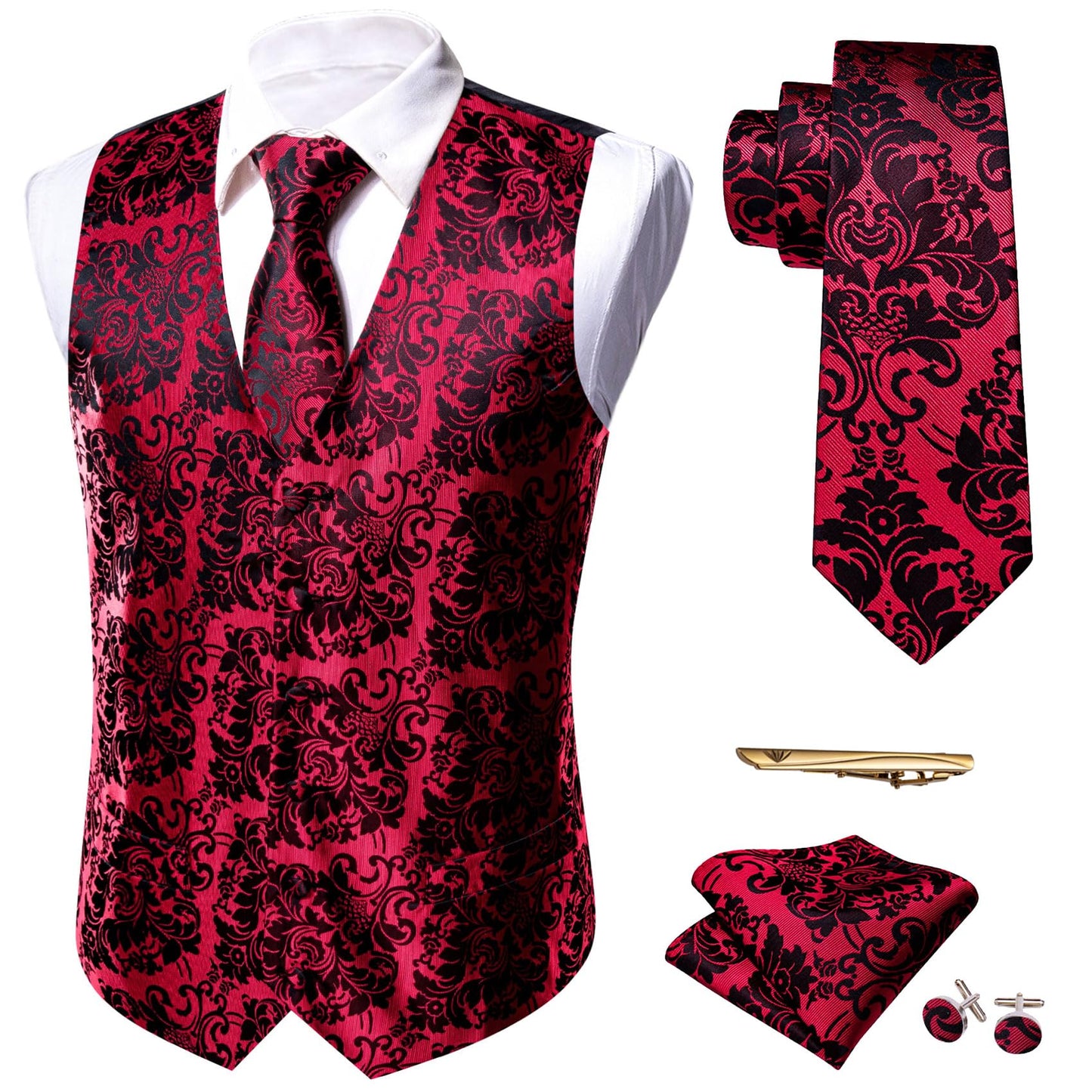 Dluxe Ave. (SMALL) Men Vest Matched Paisley Tie Set/ Waistcoat 5PCS/ Black Red