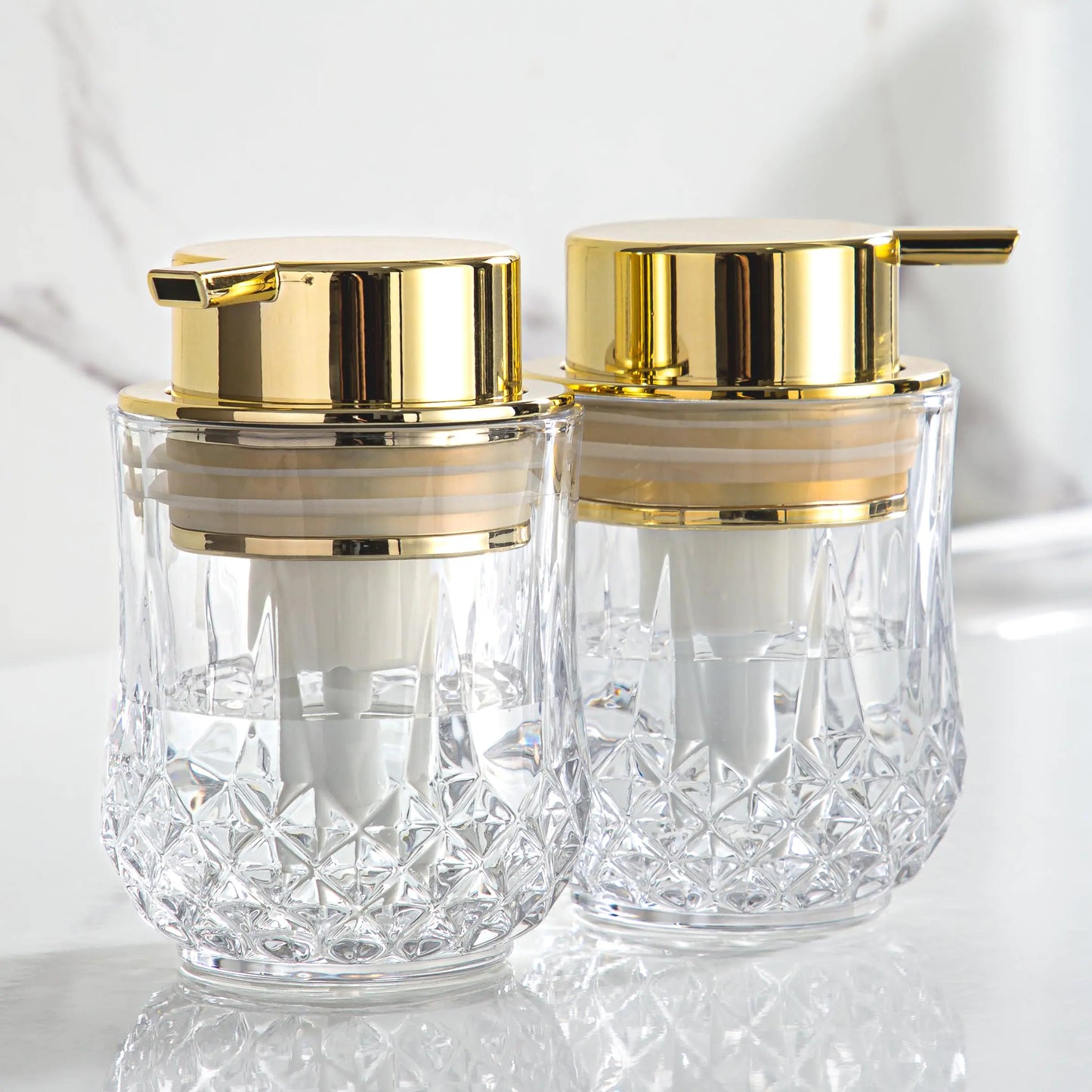 Dluxe Ave. Glass Foam Soap Dispenser Set - 2 Pack Bathroom Hand Soap Dispensers (Clear/Gold Pump/2Pack)