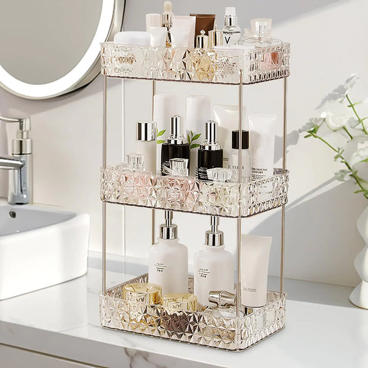 Dluxe Ave. Makeup Organizer for VanityBathroom Countertop Skincare OrganizerMakeup Counter Shelf Perfume Holder RackCosmetic Display Case (Clear3 Tier)