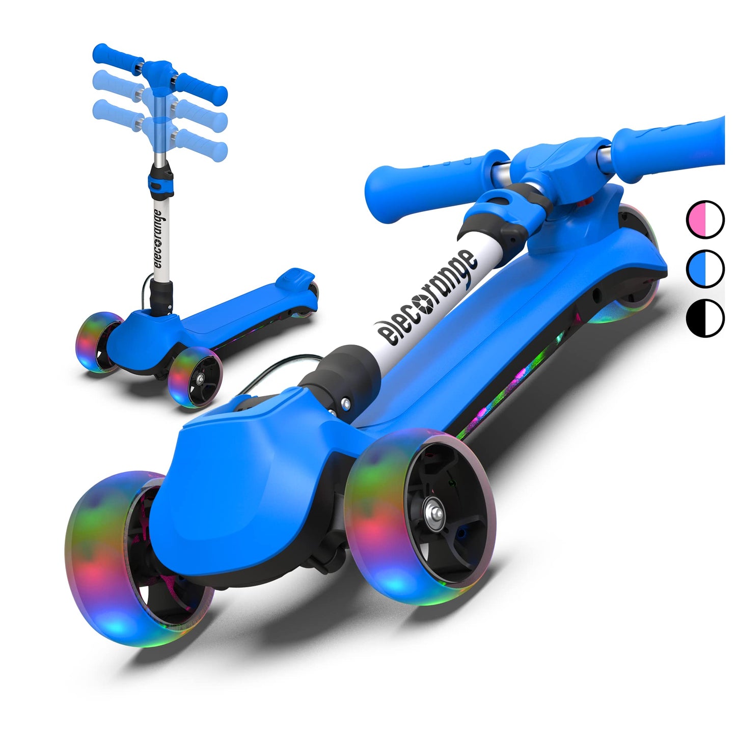 Dluxe ave. Elecorange Electric Scooter for Kids Ages 4-6 3 Extra Wide Light Up Wheel & Deck 3 Adjustable Heights 5 Mph Foldable 3 Wheel Electric Scooter for Kids Toddlers Boys Girls Ages 4-8 Blue
