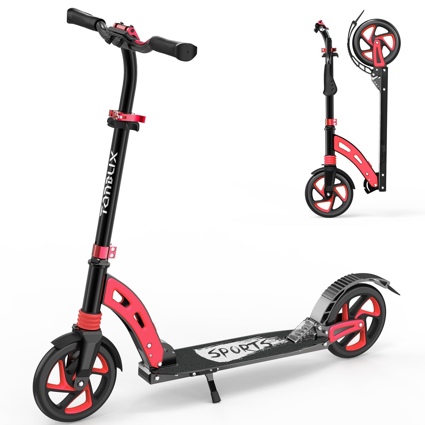 Dluxe Ave. TONBUX Kick Scooter for Ages 6+ Lightweight Aluminum Frame with Dual Suspension Kids Scooter for Kids Teens (Black+Red)