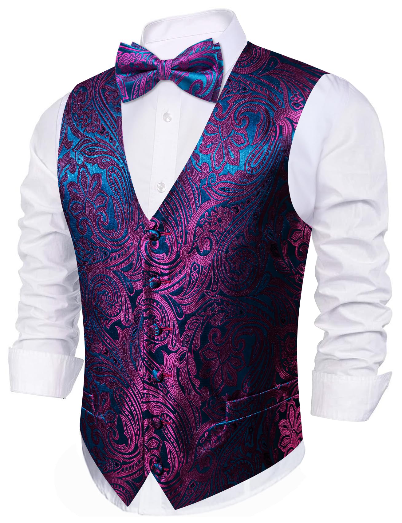 Dluxe Ave. (SMALL)  Mens Waistcoat Bowtie Set Paisley/ Silk V-Neck Vest/ Teal Purple