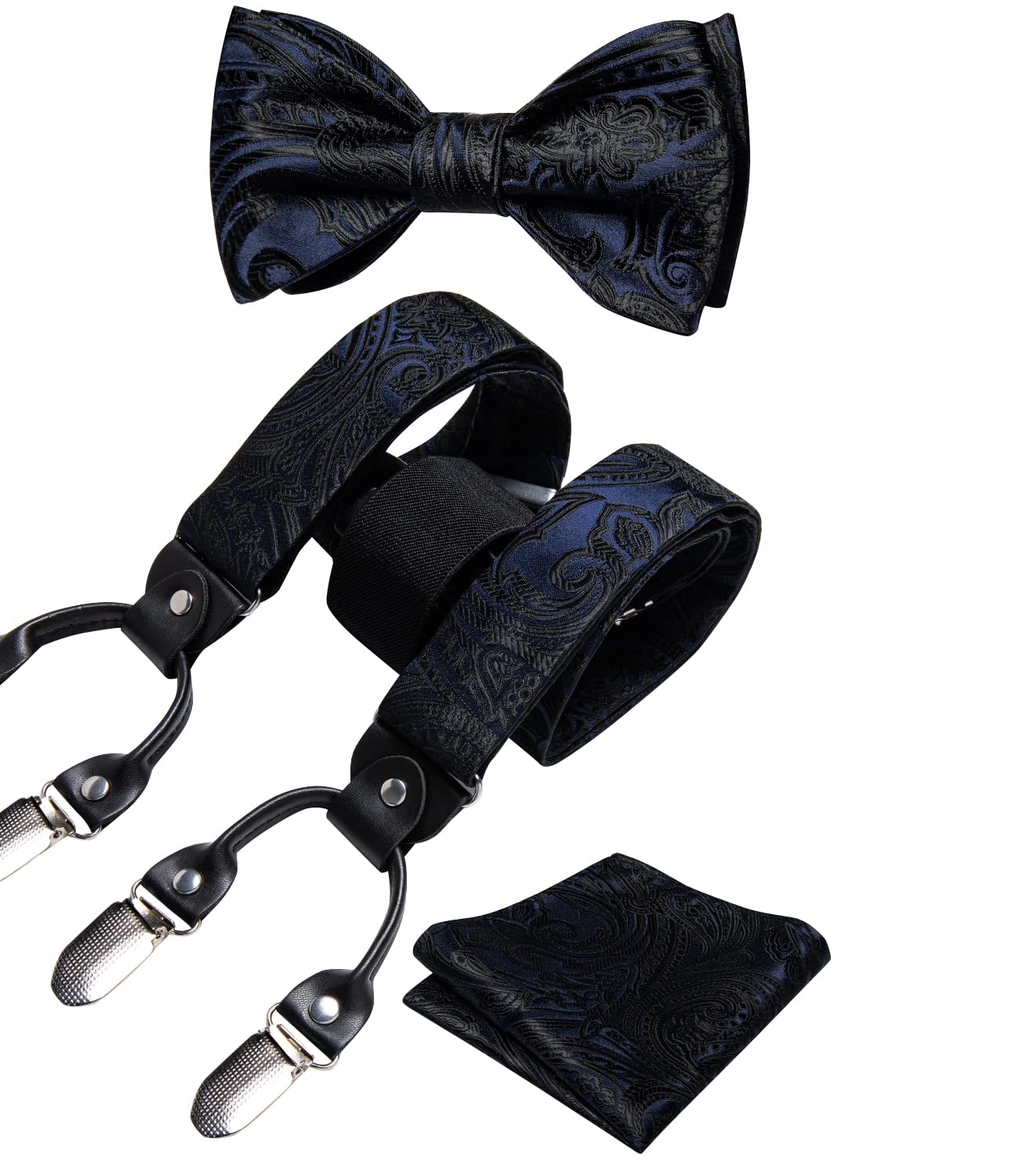 Dluxe Ave. Suspenders and Bow ties for Men Formal 6 Clips Y-Shape Adjustable Suspenders Self Bow Tie Pocket Square Cufflinks Set Black and Navy Blue