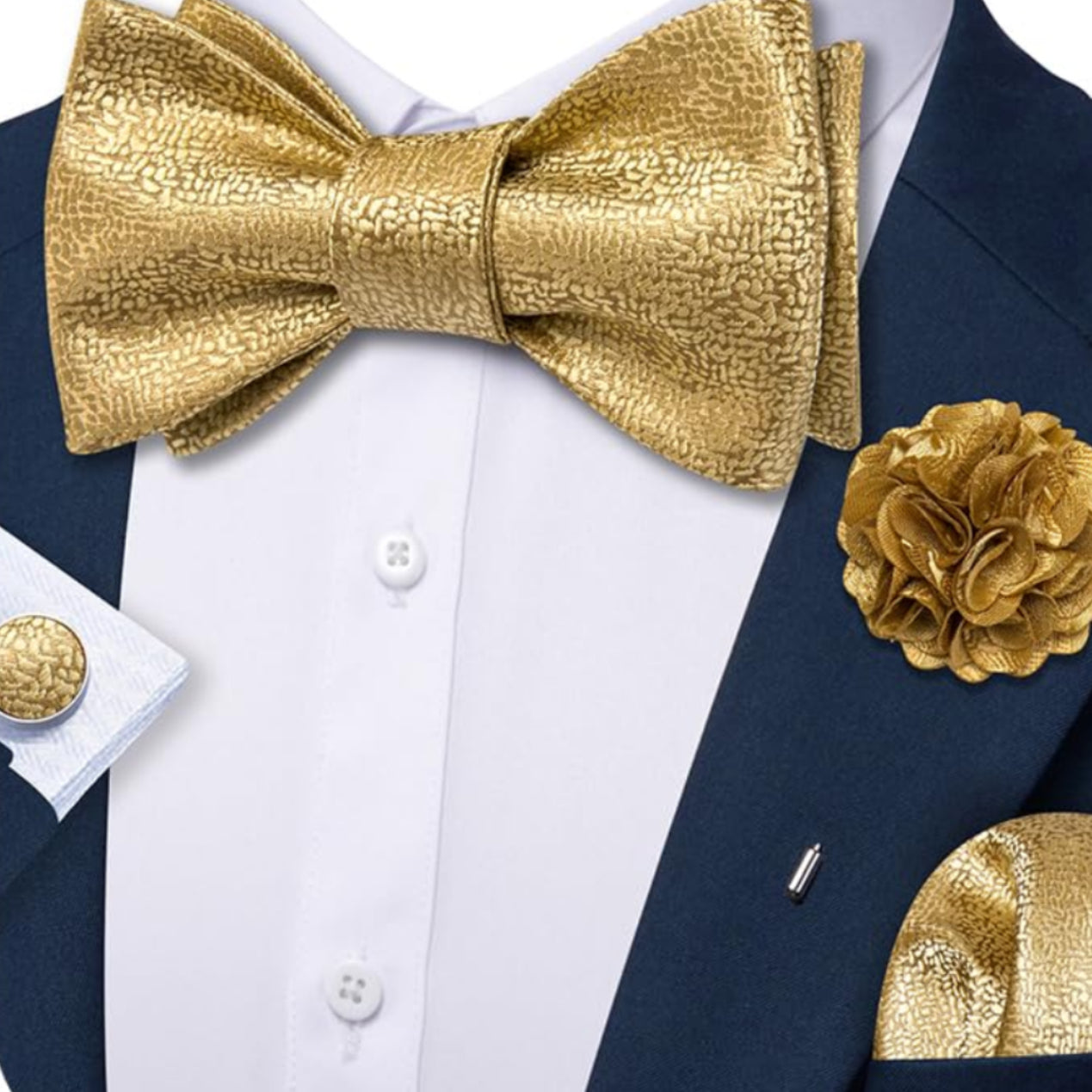 Dluxe Ave. Gold Bow Ties for Men Self Tie Silk Solid Bowtie and Lapel Pin Handkerchief Cufflinks Set
