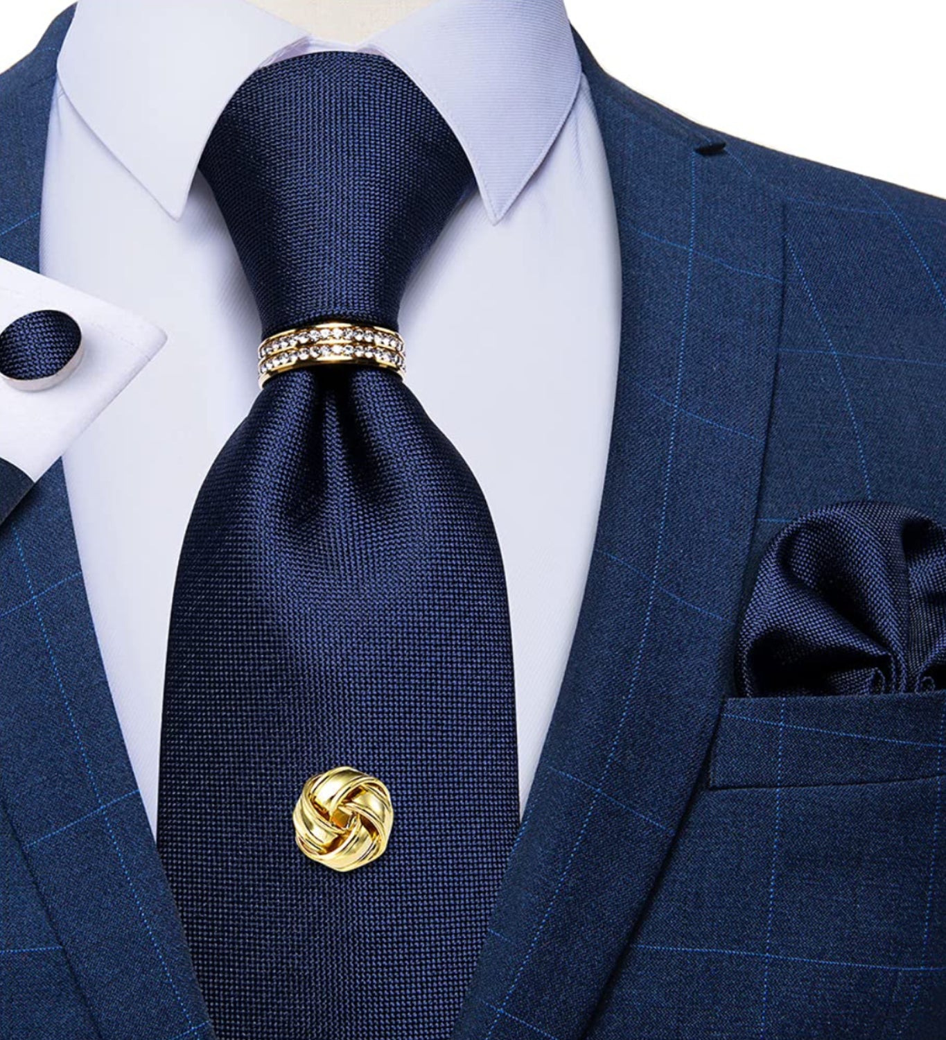 Dluxe Ave. Tie Set for Men Solid Color Necktie Gold Tie Tack Gold Tie Ring Pocket Square Cufflinks Silk Tie Navy Blue