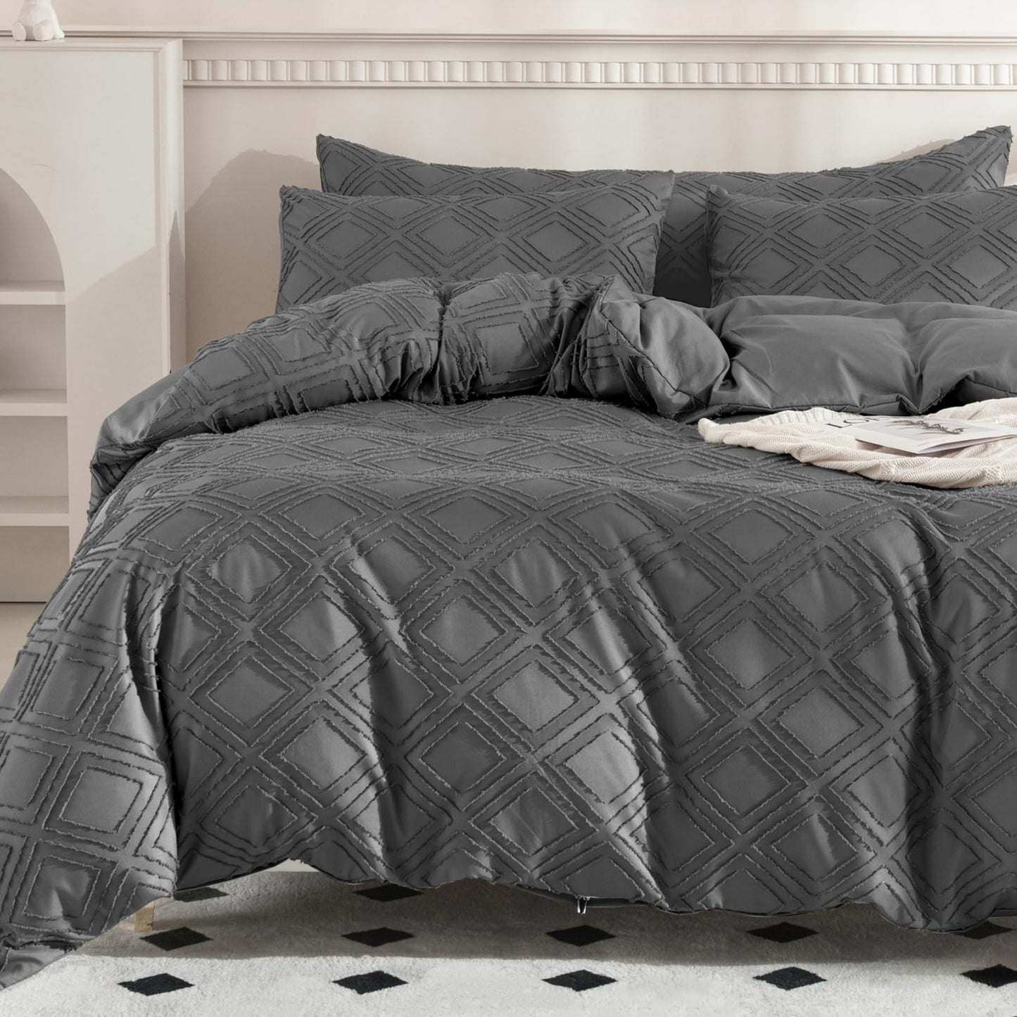Dluxe Ave. ( TWIN ) 3 Pcs {Duvet Cover} Comforter Set with Corner Ties & Zipper Closure/ Dark Grey