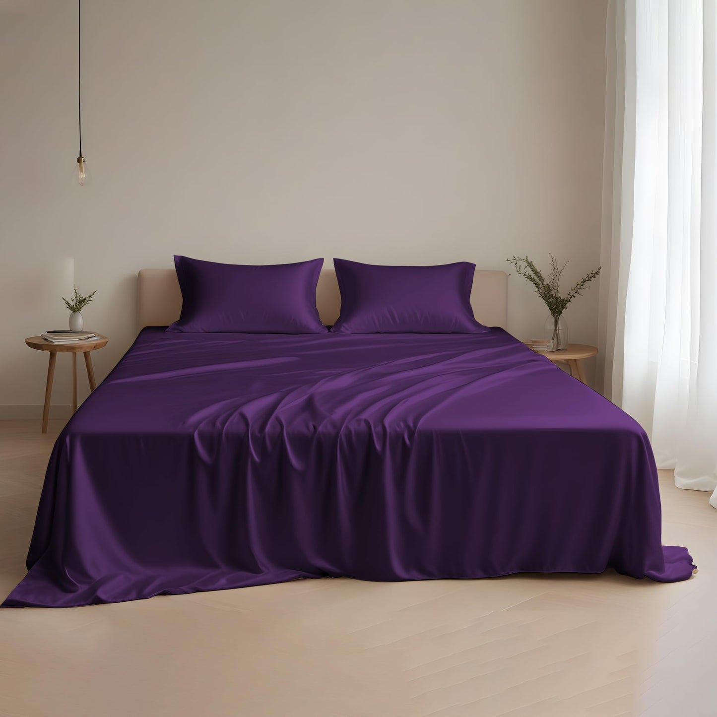 Dluxe Ave. ( KING ) 4 Pcs Sheets Set, 100% Tencel Lyocell Sheets, Luxuriously Soft and Silky, Deep Pocket Up to 16", Breathable Moisture Wicking Eucalyptus Sheets, Aubergine