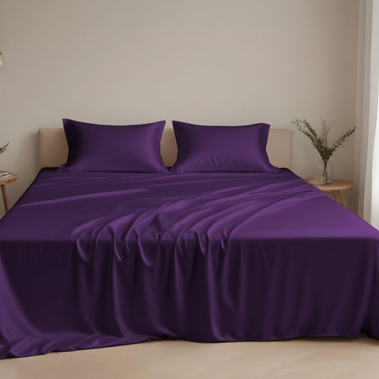 Dluxe Ave. ( KING ) 4 Pcs Sheets Set, 100% Tencel Lyocell Sheets, Luxuriously Soft and Silky, Deep Pocket Up to 16", Breathable Moisture Wicking Eucalyptus Sheets, Aubergine