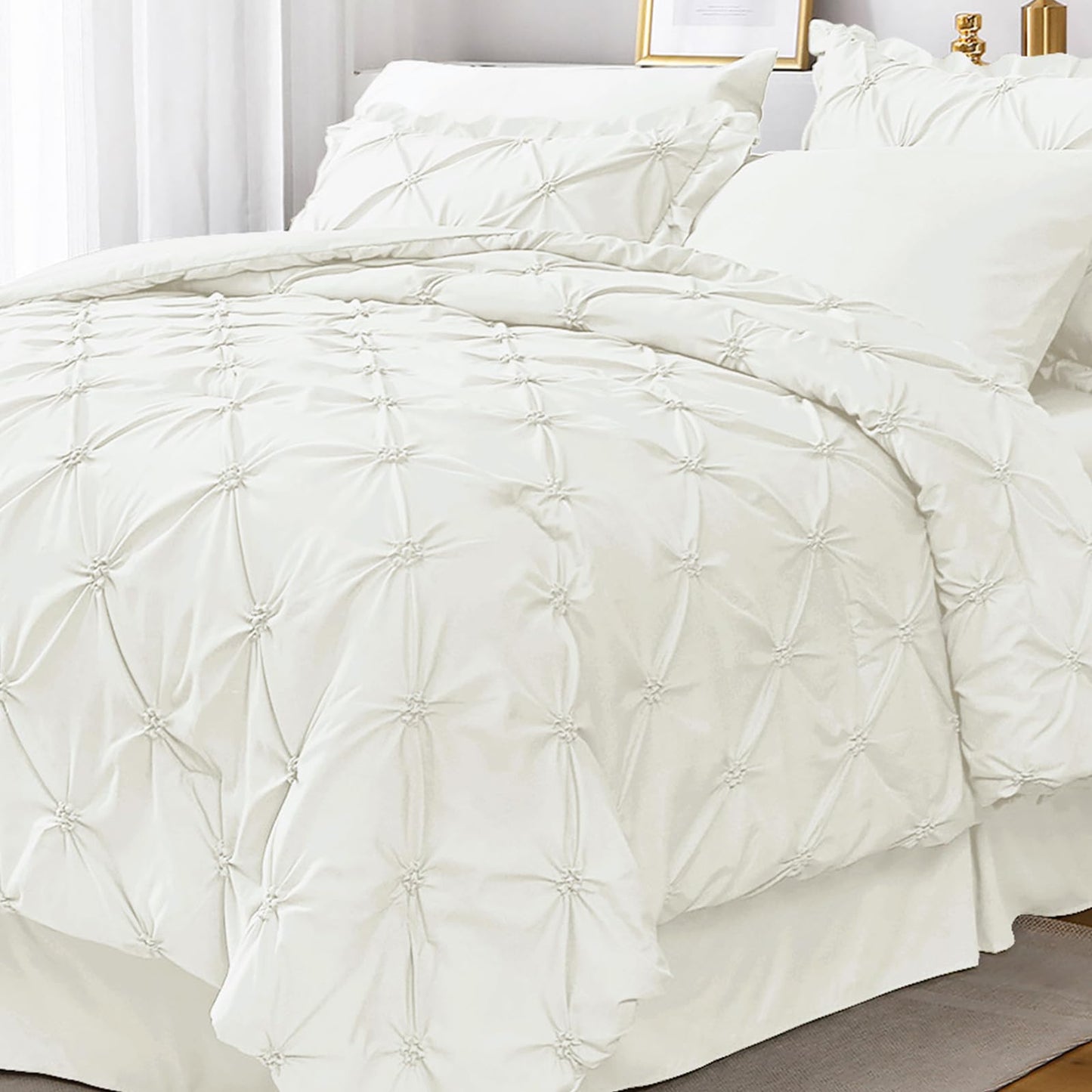 Dluxe Ave. ( QUEEN ) 7 Pcs Comforter Sets/ Pintuck Bed in a Bag Comforter Set/ Ivory