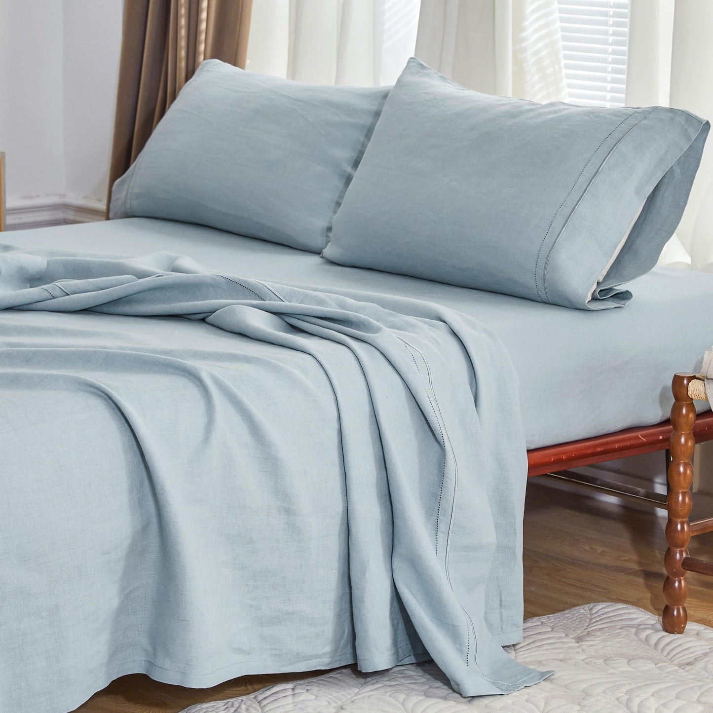 Dluxe Ave. ( KING ) 4Pcs 100% French Linen Sheet Set, Dusty Blue