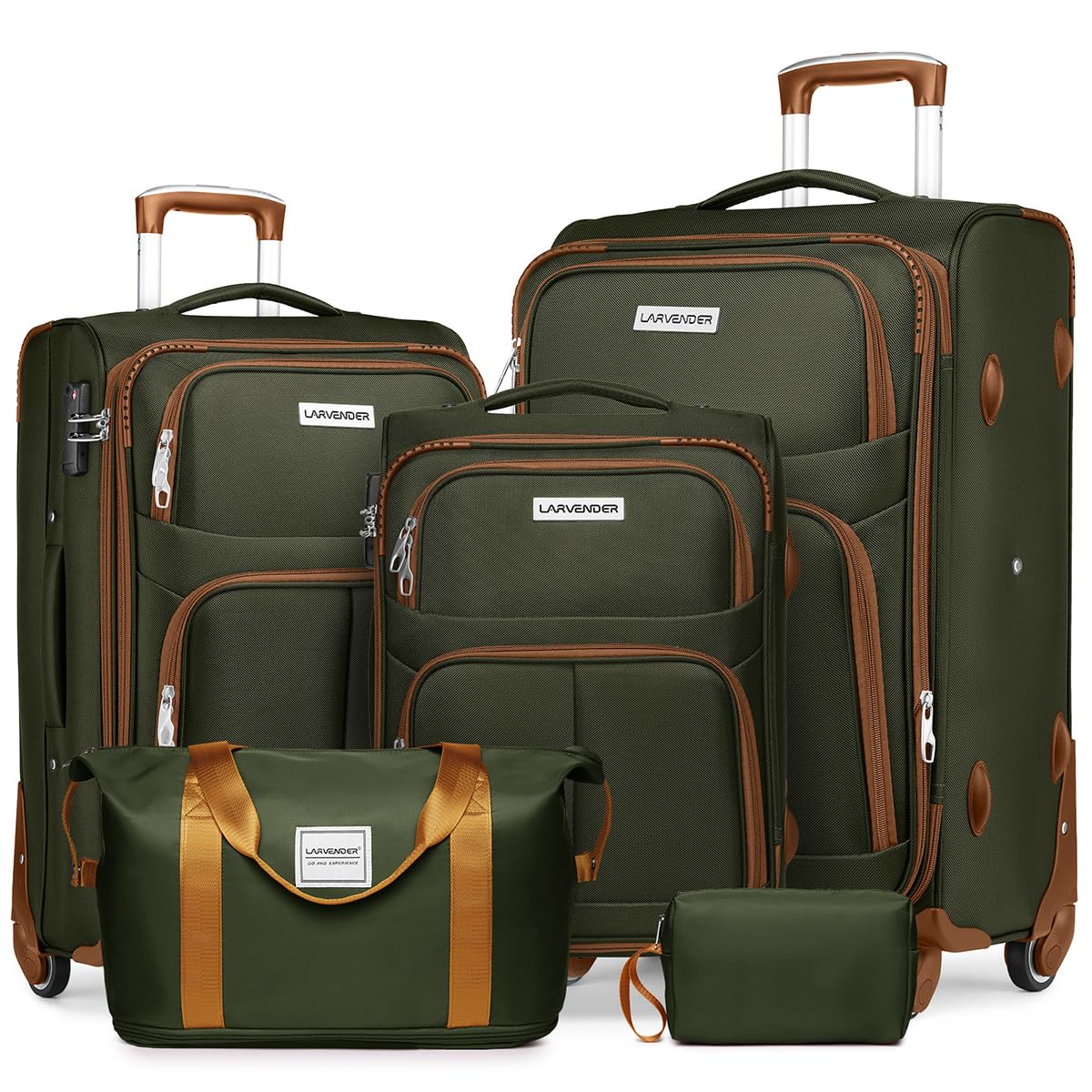 Dluxe Ave. 5 Piece Soft side Expandable Suitcases Set with Spinner Wheels/ TSA Lock/(Green Brown)