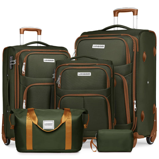 Dluxe Ave. 5 Piece Soft side Expandable Suitcases Set with Spinner Wheels/ TSA Lock/(Green Brown)