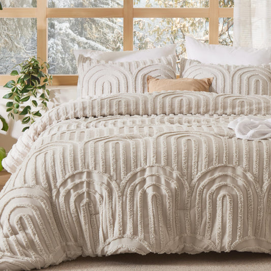 Dluxe Ave. ( QUEEN ) 3 Pcs Boho Tufted Comforter Set, Soft Fluffy Cozy Arch Pattern, for All Seasons/ Beige