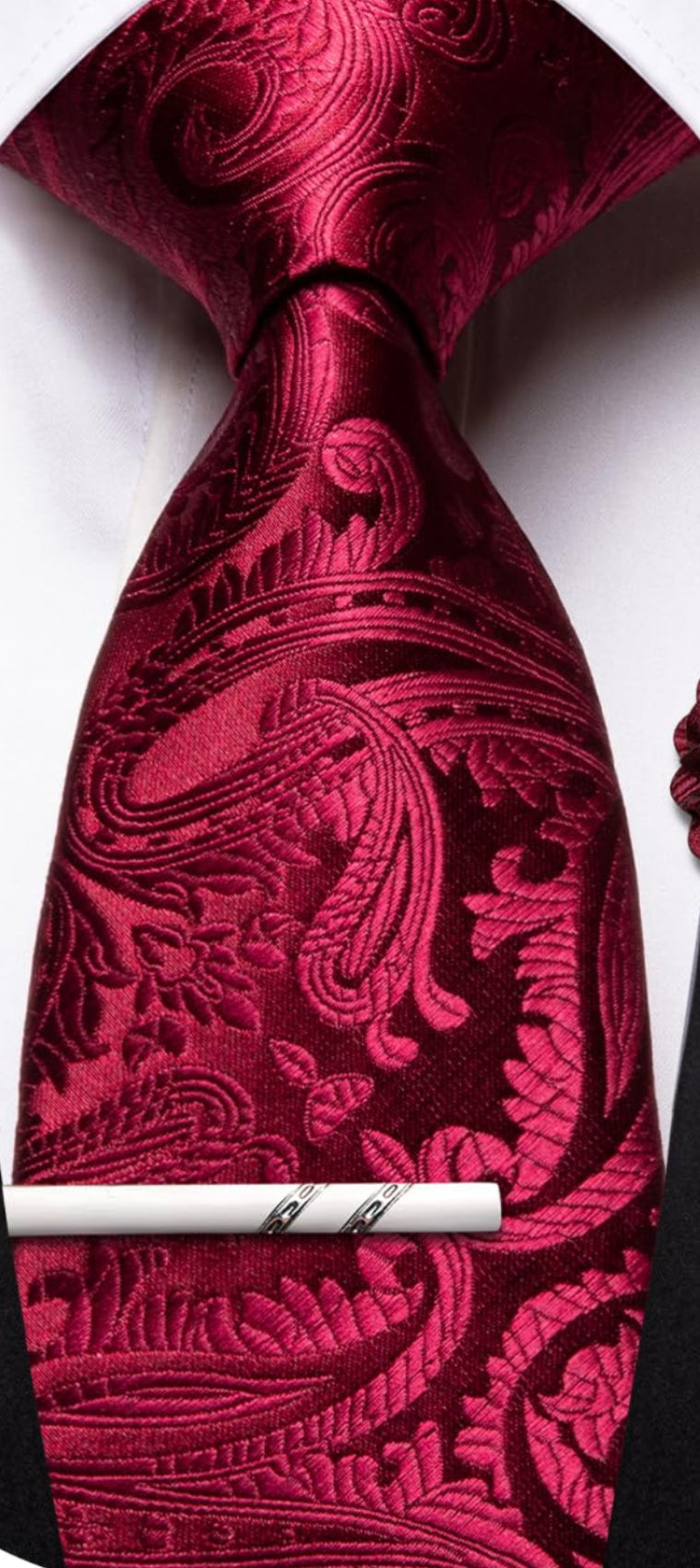 Dluxe Ave. 63inches Red Tie for Men Silk Woven Extra Long Paisley Necktie Brooch Tie Clip Set