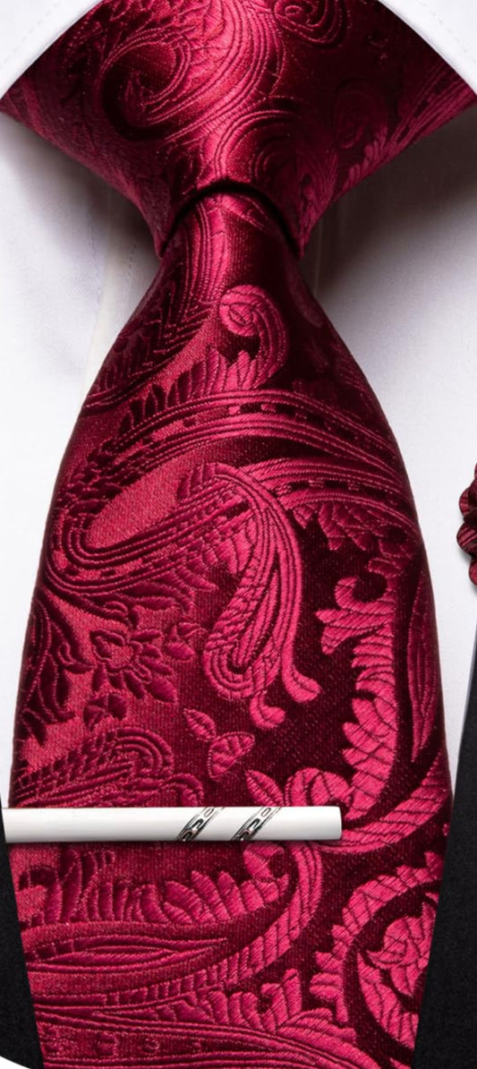 Dluxe Ave. 63inches Red Tie for Men Silk Woven Extra Long Paisley Necktie Brooch Tie Clip Set