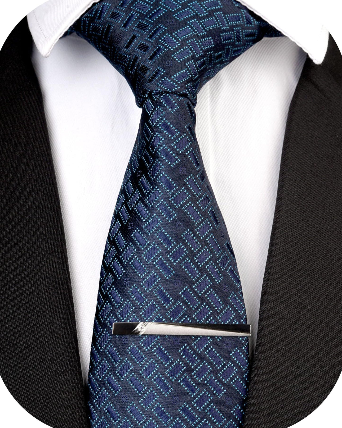 Dluxe Ave. Mens Tie Navy Blue Silk Checkered Necktie and Tie Clip