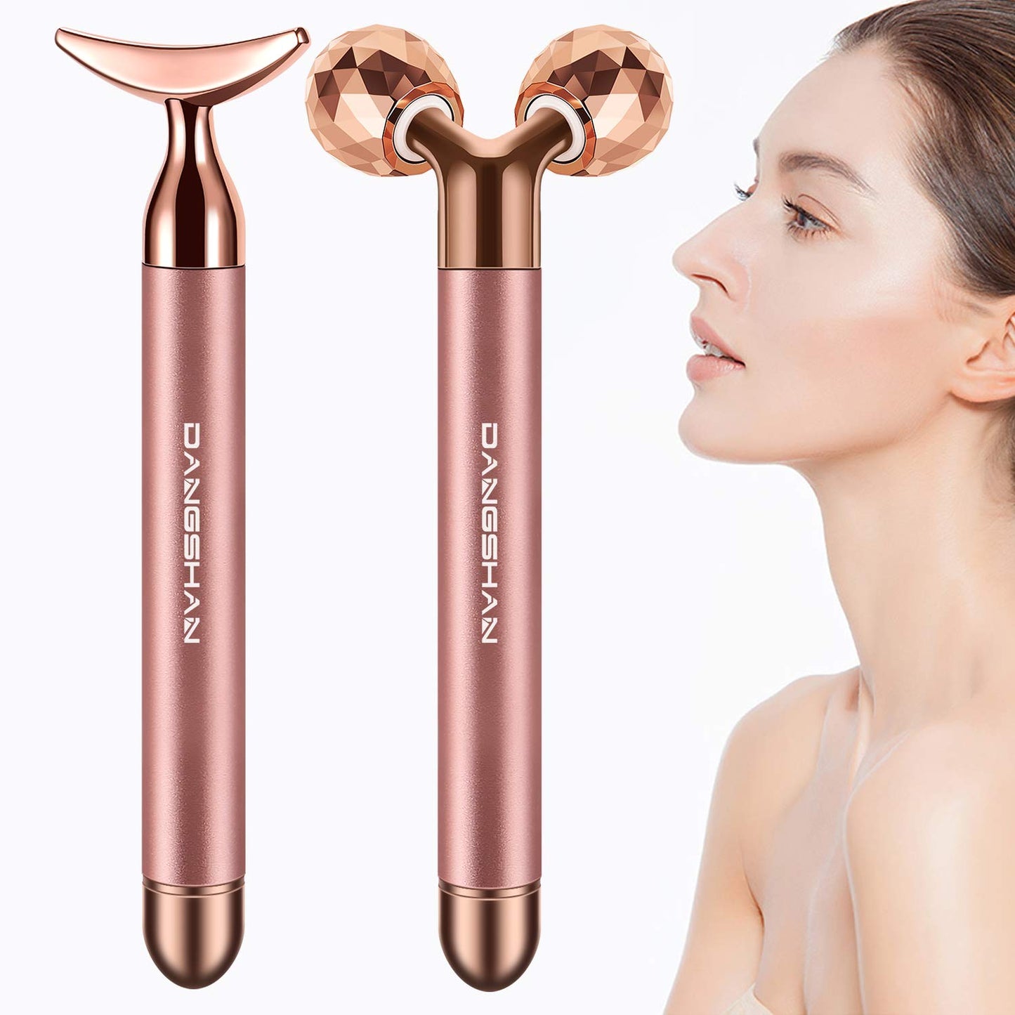 Dluxe Ave. 2-IN-1 Electric Face Massager Roller 24k Rose Gold Face Roller 3D Roller and Unique Crescent Shape Facial Roller Massager Kit Arm Eye Nose Massager Skin Care Tools