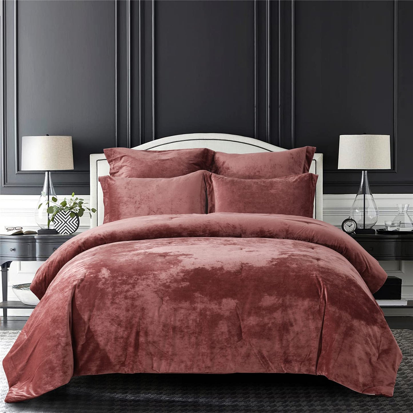 Dluxe Ave. ( KING) 5 Pcs Distressed Velvet Comforter Set/ Dull Red