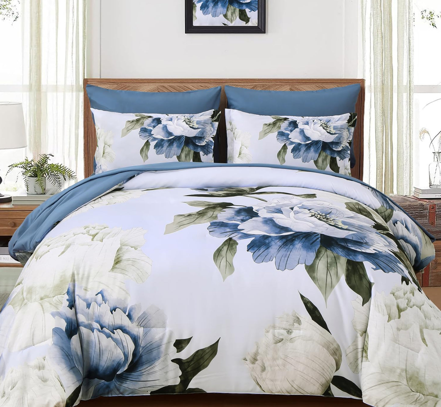 Dluxe Ave. ( FULL) 7 Piece Comforter Set with Sheets, for All Season/ Blue Floral